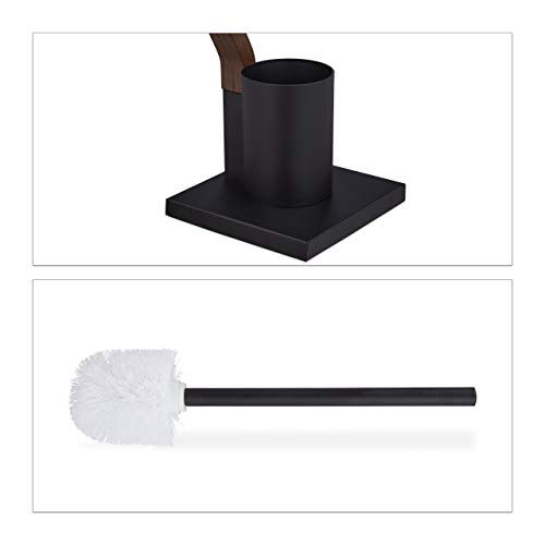 Image of Relaxdays Standing Toilet Set Wood and Steel Toilet Roll Holder with Brush, 1 Piece, Black /Brown