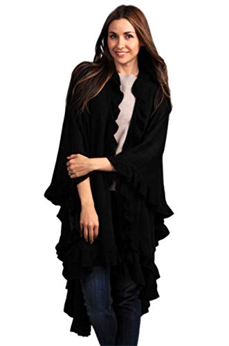 Fennco Styles Women's Ruffle Trim Knit Open Front Poncho Cape Shawl - Fall Wrap Jacket, Cozy and Stylish Layering Piece2