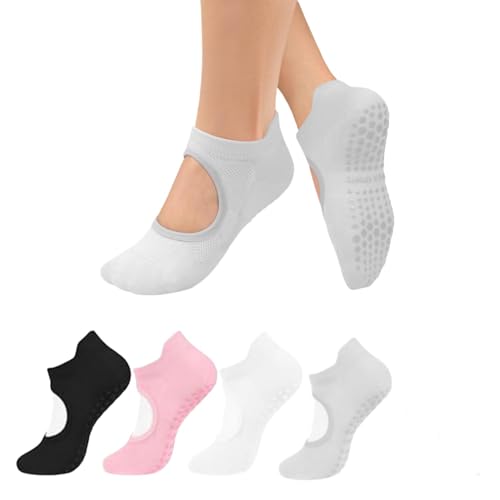 Yoga Grip Socks for Women Pilates Socks with Grips Open Top Non Slip Grippy (Black + Pink + White + Grey Adult Women One Size Alpha EU Footwear Size System Medium)
