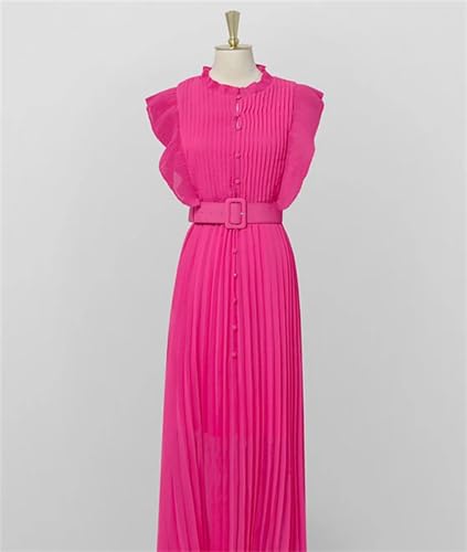Women's Sleeveless Pleated Fuchsia Midi Dress Retro Office Flowing High Waist Dress4