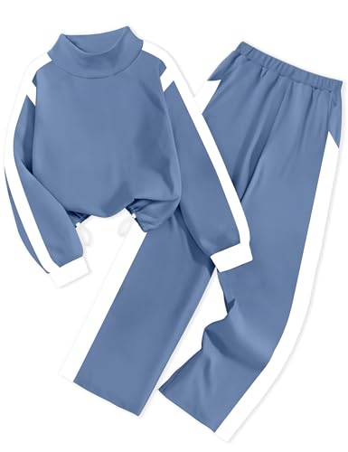 Girls Clothes 2 Piece Outfits Turtleneck Sweatsuit Fleece Colorblock Sweatshirt Wide Leg Sweatpants Fall Winter Sets