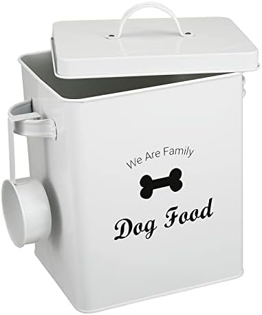 Morezi Dog Cat Treat and Food Storage Tin with Lid and Scoop Included - White Powder-Coated Carbon Steel - Rubber Seal Lids Safety - Storage Canister Tins - Dog Food