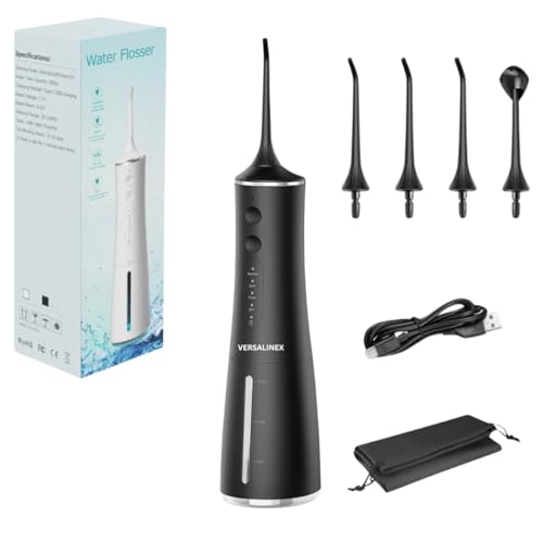 Versalinex - Hidropulsor portátil 300 ml, irrigador oral recargable USB tipo C, impermeable IPX7, 4 modos/DIY, 4 puntas, chorro dental para una limpieza profunda, adecuado para dispositivos dentales