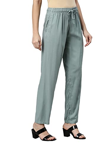 Image of GO COLORS Women Solid Mid Rise Relaxed Fit Viscose Casual Pants