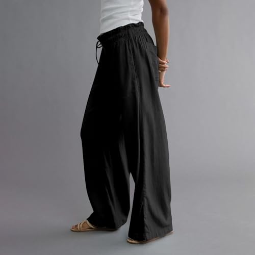 Cotton Linen Pants for Women 2025 Plus Size Wide Leg Cropped Lounge Trousers Drawstring Elastic Waist Summer Beach Pant4