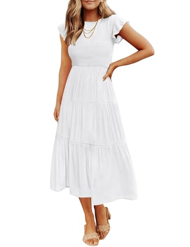 ZESICA Women's 2025 Summer Casual Flutter Short Sleeve Crew Neck Smocked Elastic Waist Tiered Midi Dress,White,Medium