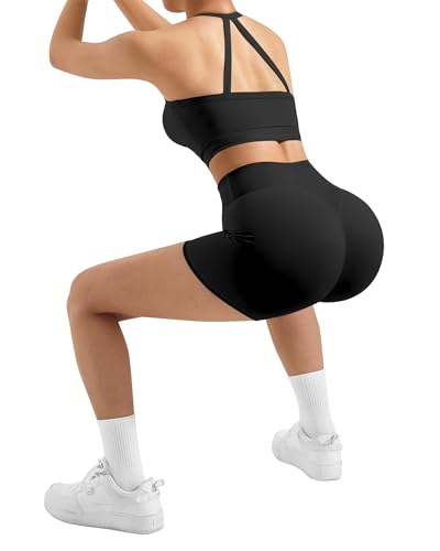 SUUKSESS Women 2 Piece Workout Sets High Waisted Tummy Control Biker Shorts Halter Padded Tank Tops3