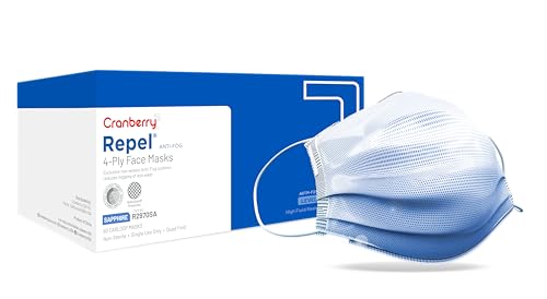 Cranberry USA R2970SA Repel 4-Ply Ear Loop Face Mask, Anti-Fog, Sapphire (Pack of 50)