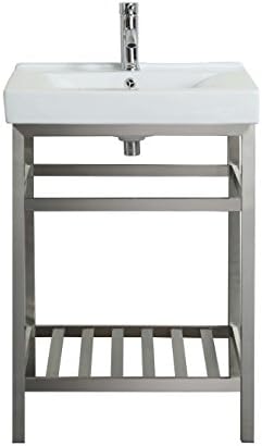 Eviva Stainless Steel Bathroom Vanity with Sink 24 Inch - Porcelain Single Vanity Sink - Open Space Modern Bathroom Vanity Storage - Small Vanity Sink Combo - Minimalist 24 Inch Vanity with Sink