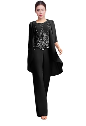 CSYPJYT 3 Pieces Mother of The Bride Pant Suits Chiffon Lace 3/4 Sleeve Pant Set Wedding Guest Outfits with Jacket