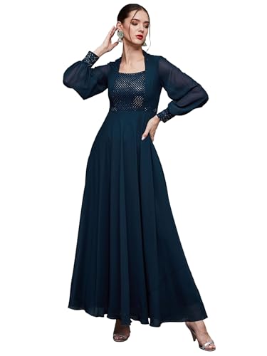 Image of Miss Chase Women's Round Neck Sleeve Embellished Fit Flare Maxi Dress
