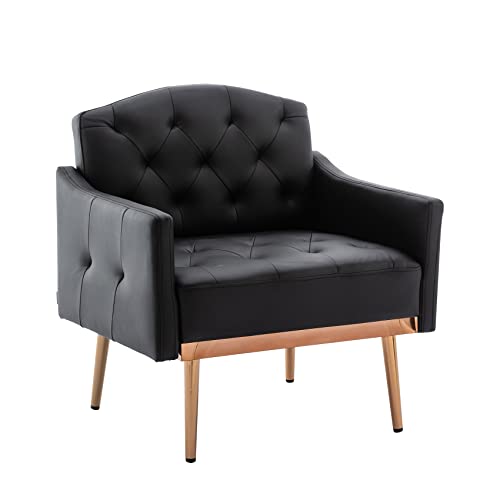 Olela Faux Leather Accent Chair With Arms For Living Room, Modern Tufted Single Sofa Armchair With Gold Metal Legs Upholstered Reading Chair For Bedroom Office Decorative (Black - Leather) #TOP9