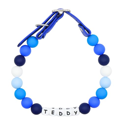 Adjustable Beaded Name Dog Fashion Collar For Small Medium And Large Dogs Bead Silicone Dog Necklace Handmade Girl Boy Bling Fancy Female Cats Pretty Pearls Perla Cute Rinbow Heavy Duty (Blue Shades, S (11-14'') Neck (28-35cm))