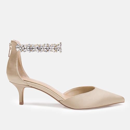 Image of Women's Wedding Rhinestones Low Kitten Heels Pumps Pointed Toe Dress Evening Shoes for Women Bridal Bride, Champagne, Size 7.5