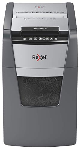 Rexel Optimum 2020150XCH AutoFeed+ 150X - Destructora automática CH, 150 hojas, nivel de seguridad P4, corte en partículas, para oficinas pequeñas, contenedor de basura de 44 litros, con enchufe suizo