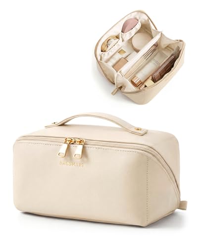 BAGSMART Travel Makeup Bag Flat Lay Make Up Case PU Leather Waterpoof Cosmetic Organiser with Clear Pocket for Brushes Small Toiletry Bag with Handle Essential for Women Beige