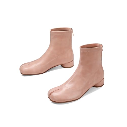 Image of Split Toe Ankle Boots for Women Tabi Japanese Ninja Shoes Low Chunky Heels Booties, Stretch Artificial Leather Boots Back Zipper