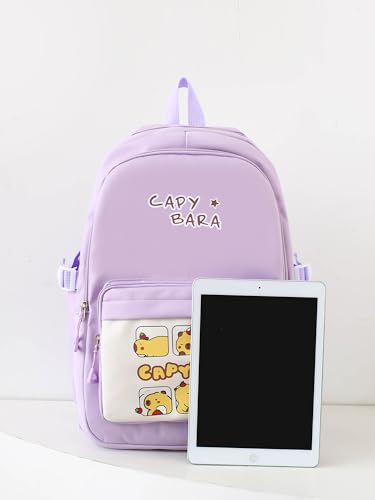 4 Pcs Kapybara Print Travel Backpack Set with File Folder Lunch Box & Pouch Oxford Bag for Trips 17 Inches Purple3