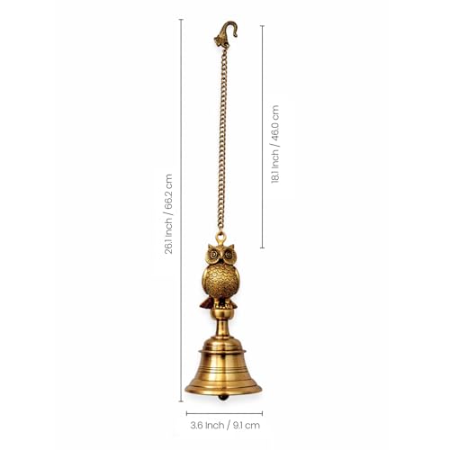 Image of ExclusiveLane 'Royal Owl' Brass Decorative Hanging Bell (100% Pure Brass, 66.2 Cm, 1.21 Kg, Hand-Etched) | Bells for Mandir Hanging Bells for Pooja Room Temple Bells for Mandir