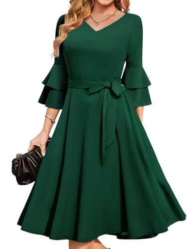 Image of DRESSTELLS Women's Cocktail Dress Summer Wedding Guest Party Vintage 3 /4 Bell Sleeve V Neck A-Line Dress