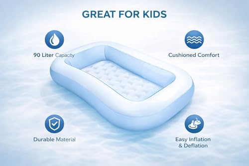 Image of Inflatable Kids Bathtub Pool with Air Pump, Rectangular Portable Tub, 90 Liter Capacity, Cushioned Base Design
