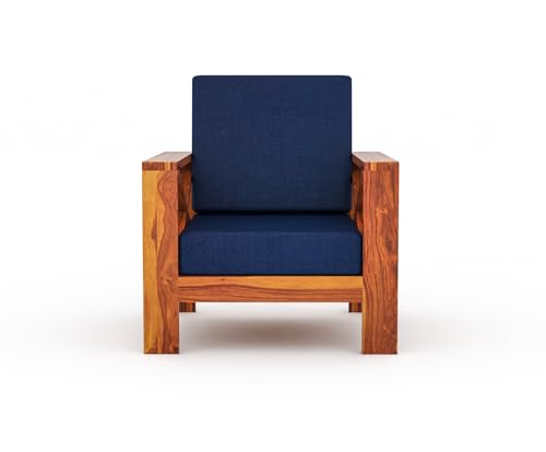 Image of Sheesham Wooden Single Seater Sofa for Living Room | Rosewood 1 Seater Cushion Sofa X-Legs | Solid Wood Sofa Set for Lounge (1 Seater,Honey Finish)