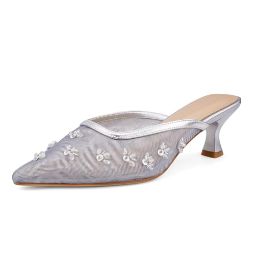 Image of Women Kitten Heel Mules Crystal Flower Decor Mesh Pointed Toe Low Heel Casual Pumps