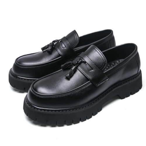 Image of Mens Leather Slip-On Platform Dress Tassels Loafers Non-Slip Low Top Round Toe Chunky Penny Shoes for Business Casual Dress Prom Party