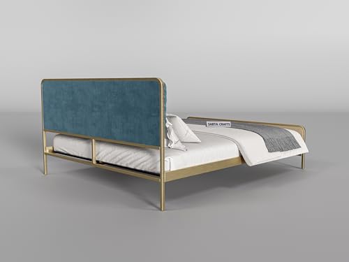 Image of Modern Upholstered Double Size Bed for Bedroom | Metal Double Bed | Platform Cot Bed with Upholstery Premium Fabric | 6.5 x 4 Ft | Powder Coated Metal Bed | Turquise