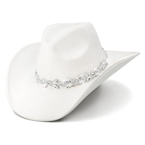Keilin Cowboy Hats for Women and Men - Felt Teardrop Western Cowgirl Cowboy Hat for Teens and Adults (US Numeric 6 7/8 7 1/4 White)