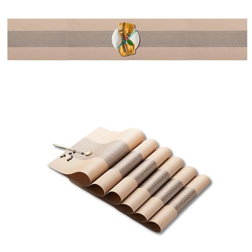 Image of Dining Table Placemats & Runner Set - Heat Resistant, Washable & Stain Resistant Woven Vinyl Mats | Table Runner & 6 Placemats Set for Stylish Dining (45x30 cm Placemats, 180x30 cm Runner)