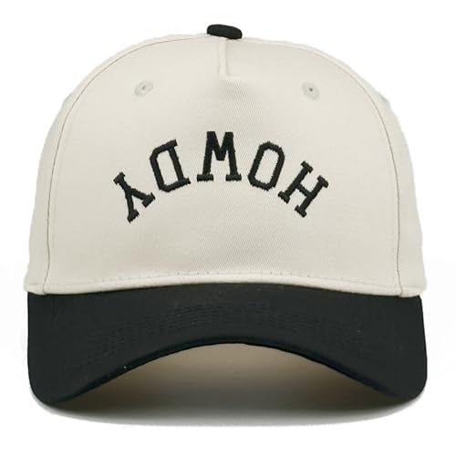 SoGoNati Two-Tone Cotton Baseball Cap with Embroidered Western Sayings - Adjustable Cowboy Style Hat for Men and Women - Howdy Black Beige