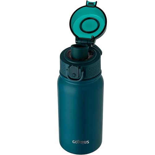 Image of GOPPUS Kids 12oz Insulated Stainless Steel Water Bottle, Leakproof Vacuum Tumbler with Carry Handle, Fits Cup Holders, Reusable Water Bottle for School Outdoor, Boys & Girls（Blue-green）
