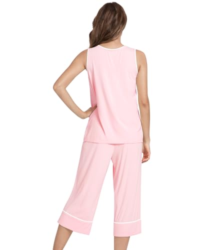 Image of NACHILA Pajamas Set for Women-Viscose Made from Bamboo, Tank Top with Capri Pants Pajama Cool Sleepwear Sleeveless Pjs