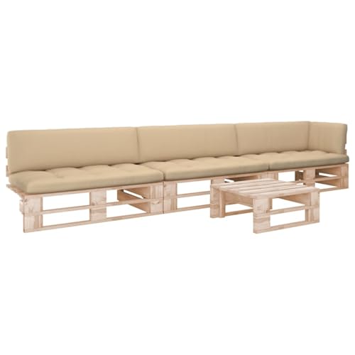 Gecheer Muebles de palets 4 pzas con Cojines,Muebles de Jardín Exterior,Sofá Exterior,Madera Pino,Sillones Mesa para Exterior Patio Terraza,Esquina + 2X centrales + Mesa Beige