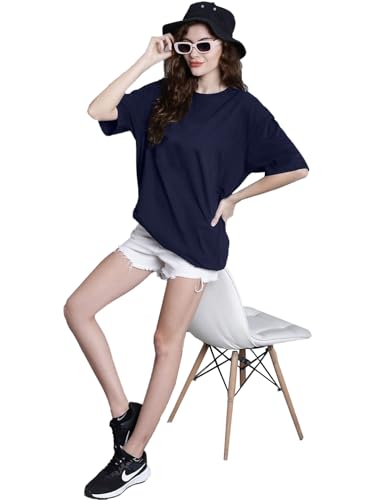 Image of LEOTUDE Women's cotton Oversized Fit Oversized Half Sleeve Tshirt, Round Neck Longline Drop Shoulder Solid T-Shirt