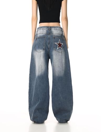Women's Wide Leg Jeans Y2K Baggy Fit with Plaid Star Patch & Letter Embroidery, Vintage Washed Denim Pants4