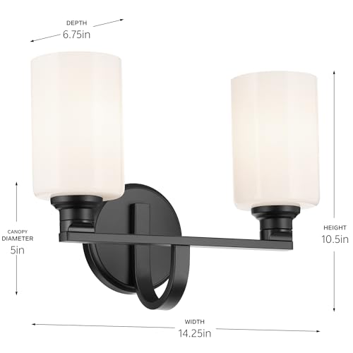 Image of Kichler Gioe 2-Light Bathroom Vanity Light Fixture with Opal Glass, 14.25 in Modern Black Wall Sconce for Mirror, Damp Rated Lighting (14.25 in W x 10.5 in H), 55225BK