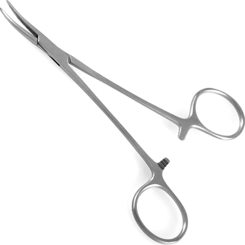 Precision Kelly Hemostat Forceps Locking Tweezers Clamp, Silver, Straight and Curved Stainless Steel (Curved, 4")