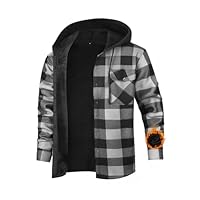 Boyzn Work Jacket for Men Outdoor Hiking Fleece Flannel Plaid Shacket, Hooded Button Down Winter Thermal Long Sleeve Grey-Q9-L