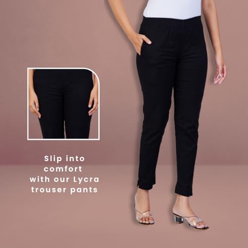 Image of Happy Bunny Cotton Blend Lycra Kurti Pants for Women, Soft 30% Stretch Full Length Trousers with Elastic Waist & Zip Pocket, Ideal for Office, Work, Casual, Home Wear Breathable Slim Fit