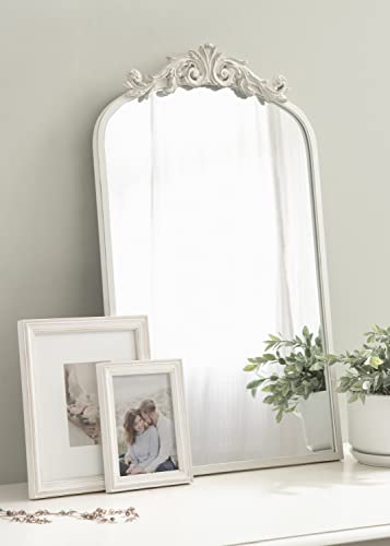 Image of Kate and Laurel Arendahl Traditional Arch Wall Mirror; 19 x 31; Antique White; Vintage Glam Baroque-Inspired Arched Bathroom Vanity Mirror with Ornate Crown