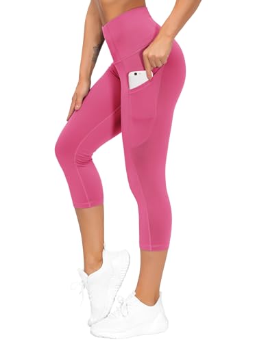 Image of THE GYM PEOPLE Thick High Waist Capris Yoga Pants with Pockets, Tummy Control Workout Running Yoga Leggings for Women