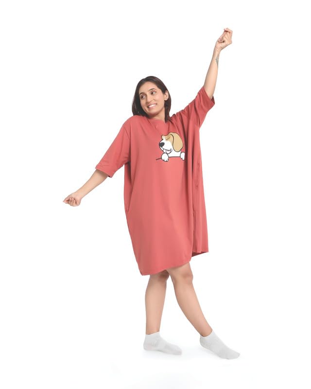 Image of LAMA STORE Women's Printed Oversized T-Shirt Dress, Cotton, 3 /4 Sleeve Length, Casual Loose Fit, Comfort Wear Extra Comfy Oversized Printed Pocket T-Shirt Dress