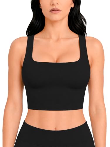 Image of Sunzel Square Neck Longline Sports Bra, Built-in Bra Crop Tank Top Black