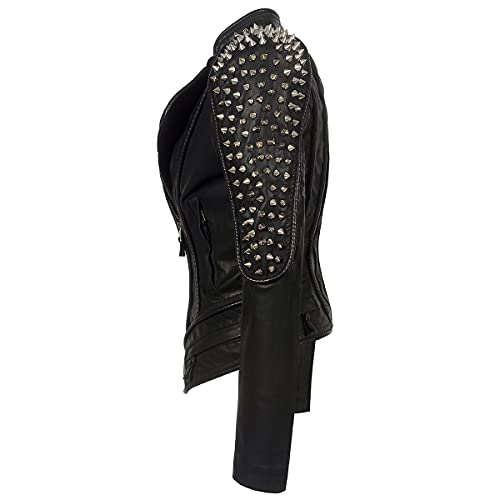 LFS Women's Punk Rivet Motorcycle Jacket Fashion Zipper Asymmetric Studded Perfectly Shaping Faux Leather Biker Coat3