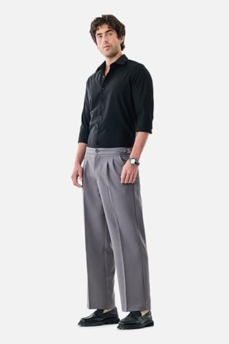 Image of SNITCH Men Casual Trousers | Relaxed Fit with Turned-Up Cuffs & Solid Pattern | Cotton Blend Fabric with Medium Stretch for Summer & Everyday Wear
