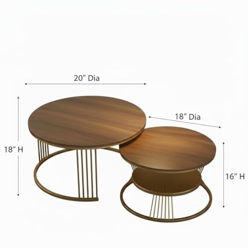 Image of RIZIK Store Iron Frame Handmade 20.5 inch x 20.5 inch Round Coffee Table /Nesting Table /Side Table /Center Table with Engineered Wood Top for Living Room /Drawing Room /Balcony (Brown Gold)