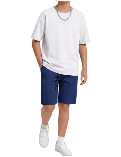Image of Arshiner Boys Drop Shoulder T-Shirt & Drawstring Waist Shorts Summer Casual Outfits (5-12 Years)