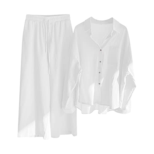 STKOOBQ Terno feminino retrô plus size de algodão e camisa de cintura alta calça de manga comprida (
